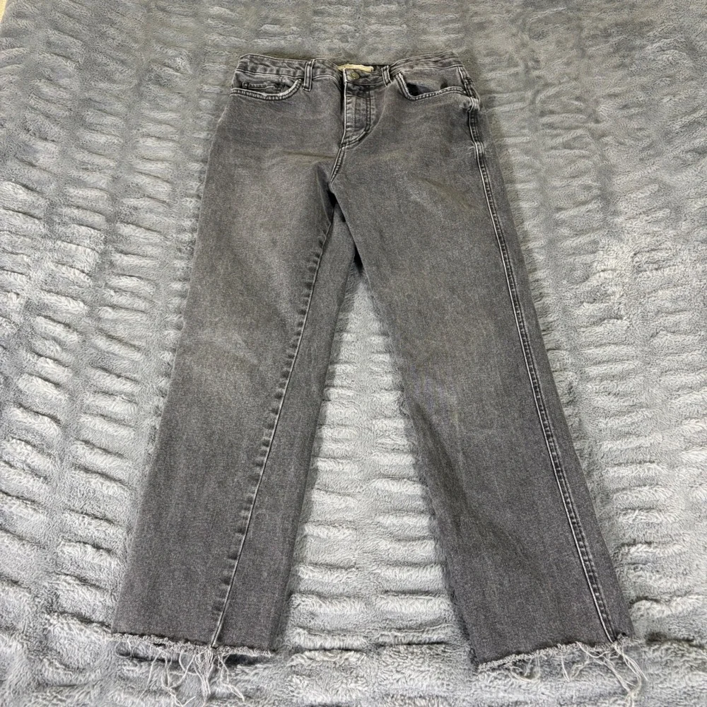 Free People High Rise Straight Leg Jeans Washed Black Gray Raw Hem Size 29